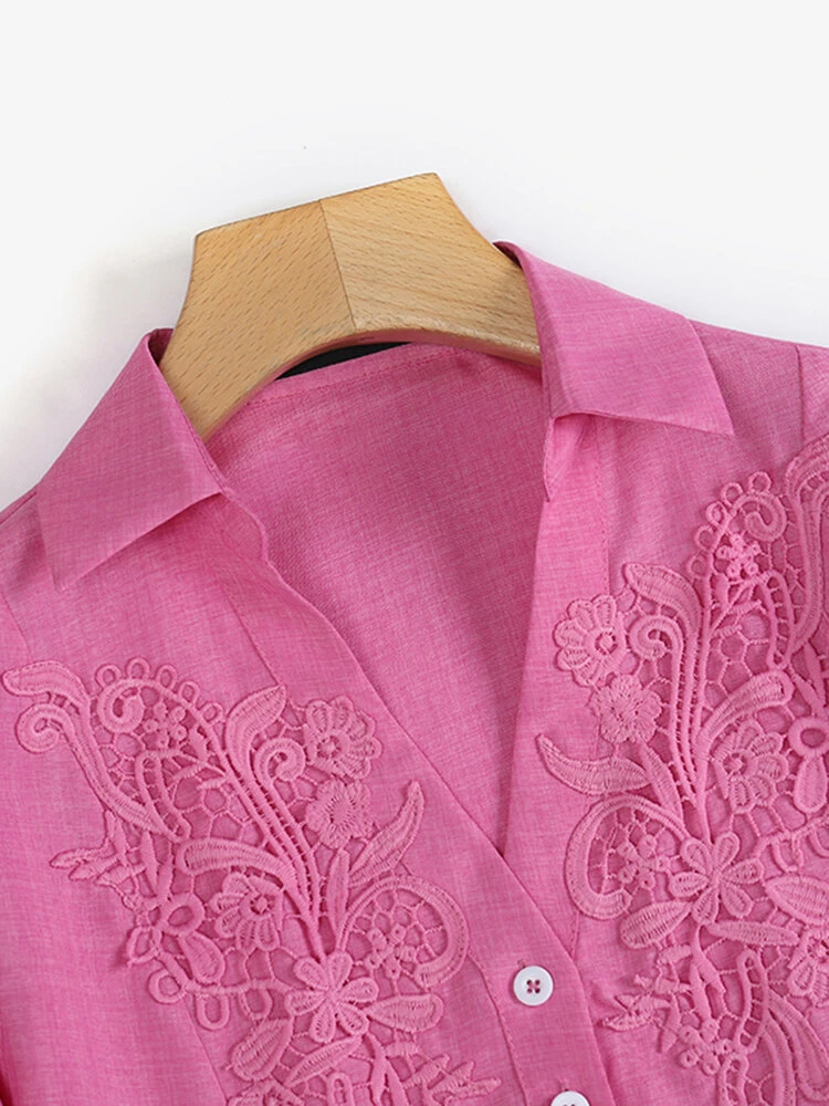 Women Floral Embroidered Notched Neck 3/4 Sleeve Blouse 6 Women Floral Embroidered Notched Neck 3/4 Sleeve Blouse - Image 6