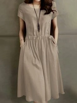 Leisure Solid Pocket Drawstring Short Sleeve Cotton Midi Dress -Zanzea Shop c3d1fb60 36a6 4fd3 a17c 51fd8018326d