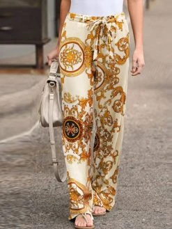 Tribal Pattern Elastic Waist Pants With Belt