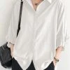 Solid Lapel 3/4/ Sleeve Button Front Casual Shirt