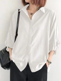 Solid Lapel 3/4/ Sleeve Button Front Casual Shirt