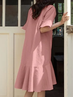 Women Solid Ruffle Sleeve V-neck Button Mermaid Dress -Zanzea Shop c44ac831 305a 4ce9 a178 1230aeda0796