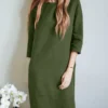 Women Solid Crew Neck Cotton Casual 3/4 Sleeve Dress