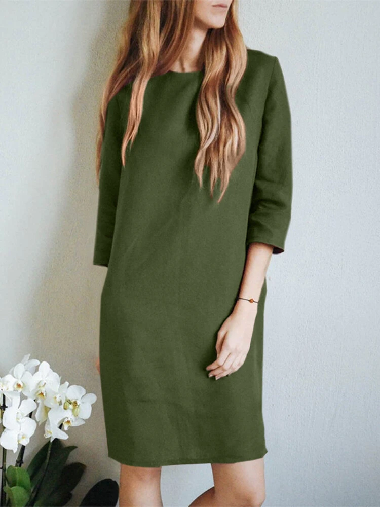 Women Solid Crew Neck Cotton Casual 3/4 Sleeve Dress 1 Women Solid Crew Neck Cotton Casual 3/4 Sleeve Dress