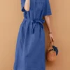 Solid Short Sleeve Stand Collar Dress With Belt