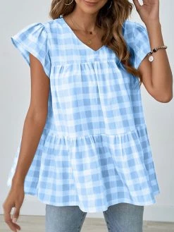Women Check Print Ruffle Sleeve V-neck A-line Blouse