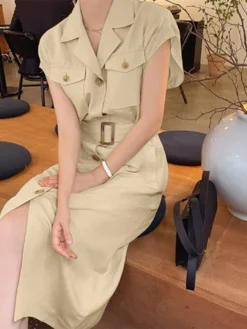 Solid Pocket Lapel Short Sleeve Button Front Dress With Belt -Zanzea Shop c4ceb192 5fce 4bb5 9682 39b73f5b2627