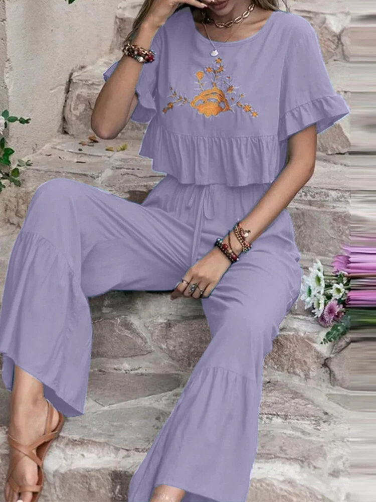 Embroidery Drawstring Waist Ruffle Wide Leg Two Pieces Suit 12 Embroidery Drawstring Waist Ruffle Wide Leg Two Pieces Suit - Image 12