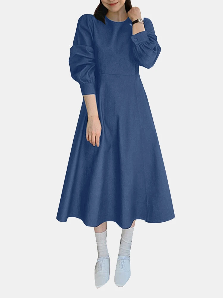 Solid Long Sleeve Casual A-line Denim Dress 1 Solid Long Sleeve Casual A-line Denim Dress