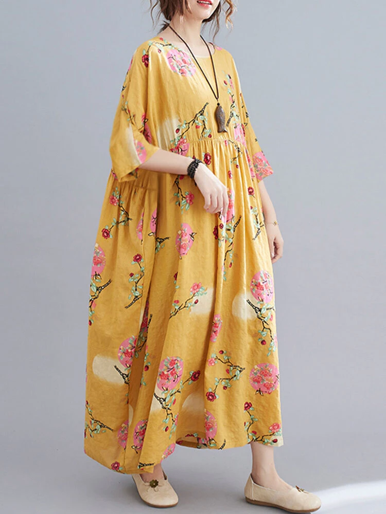 Flower Print Half Sleeve O-neck Loose Women Vintage Dress 2 Flower Print Half Sleeve O-neck Loose Women Vintage Dress - Image 2