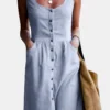 Stripe Button Pocket Sleeveless Casual Midi Dress