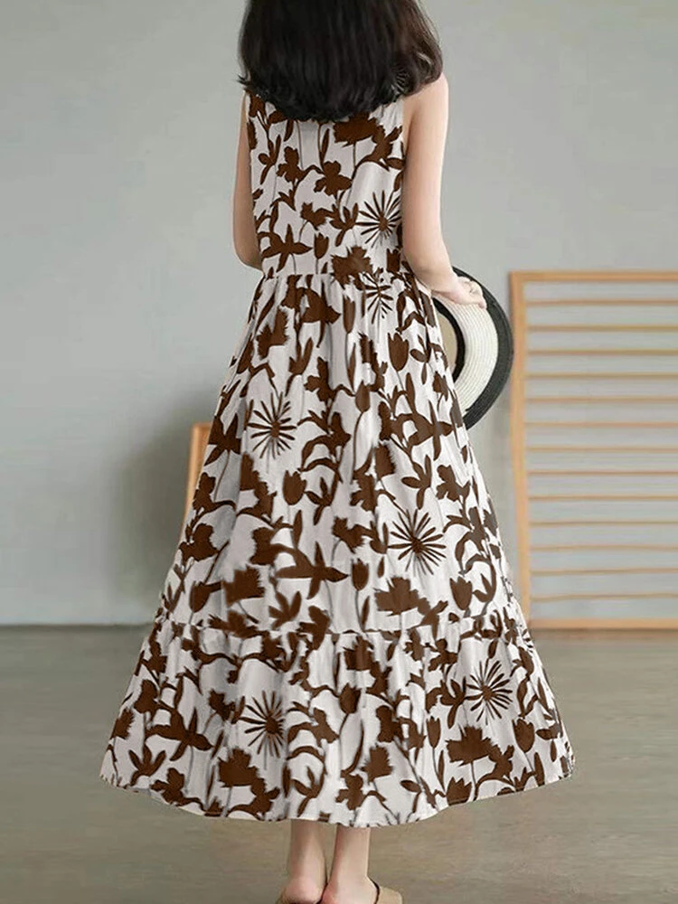 Plant Print Ruch Ruffle Hem Sleeveless Casual Print Dress 8 Plant Print Ruch Ruffle Hem Sleeveless Casual Print Dress - Image 8