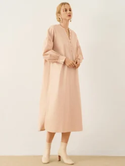 Solid Slit Hem Button Front Long Sleeve Stand Collar Dress -Zanzea Shop c51fe94e 5f2e 4b75 b4f3 7f45fd2376e8