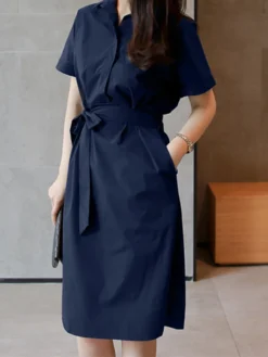 Solid Tie Front Pocket Lapel Short Sleeve Casual Dress -Zanzea Shop c5301e2c 9ea6 4e2f 929b 1aa1e09ec648