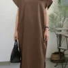 Leisure Solid Slit Hem Ruched Short Sleeve Maxi Dress