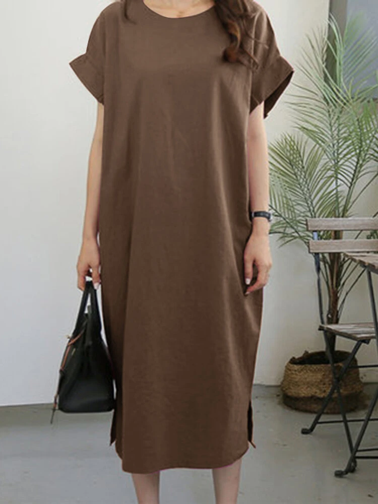 Leisure Solid Slit Hem Ruched Short Sleeve Maxi Dress 1 Leisure Solid Slit Hem Ruched Short Sleeve Maxi Dress