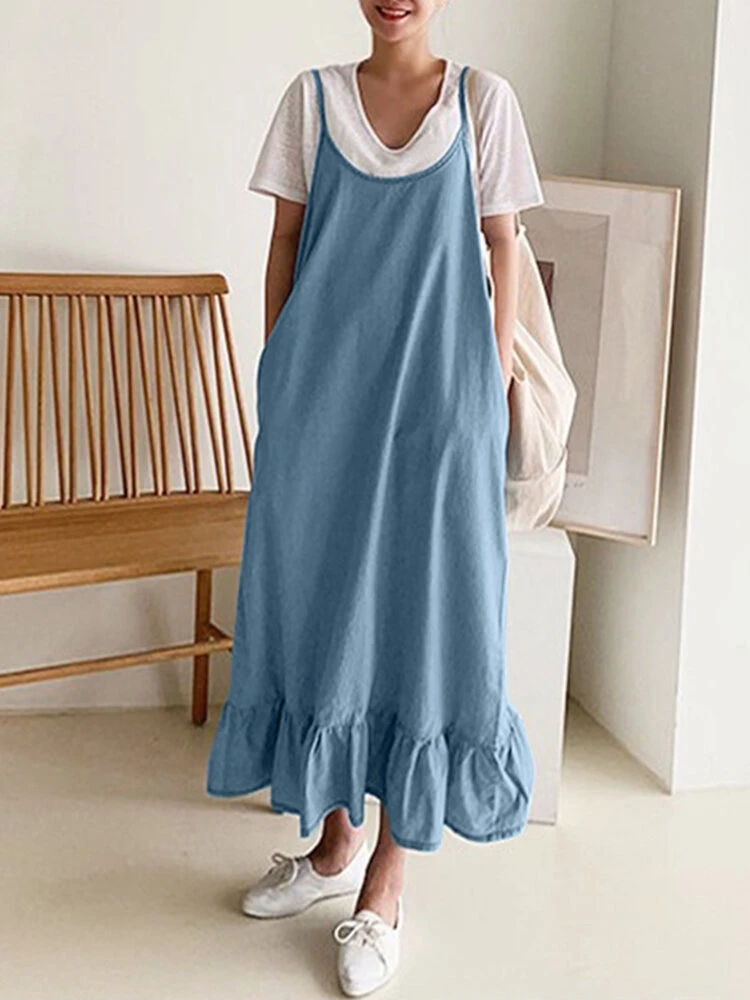 Solid Ruffle Hem Sleeveless Strap Denim Maxi Dress 4 Solid Ruffle Hem Sleeveless Strap Denim Maxi Dress - Image 4