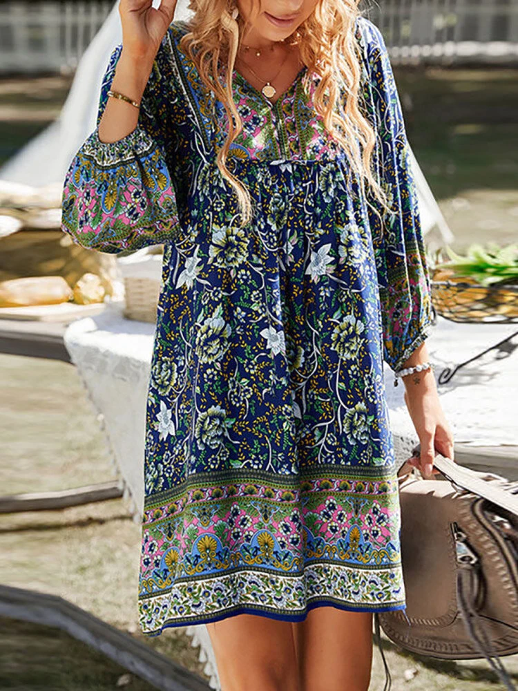 Bohemian Floral Print V-neck Dress For Women 4 Bohemian Floral Print V-neck Dress For Women - Image 4