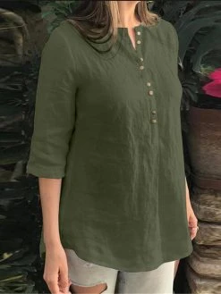 Cotton Solid Button Ruched High-Low Hem Casual Blouse -Zanzea Shop c5a34a72 0aaa 4d6e 8254 840e82461b0a