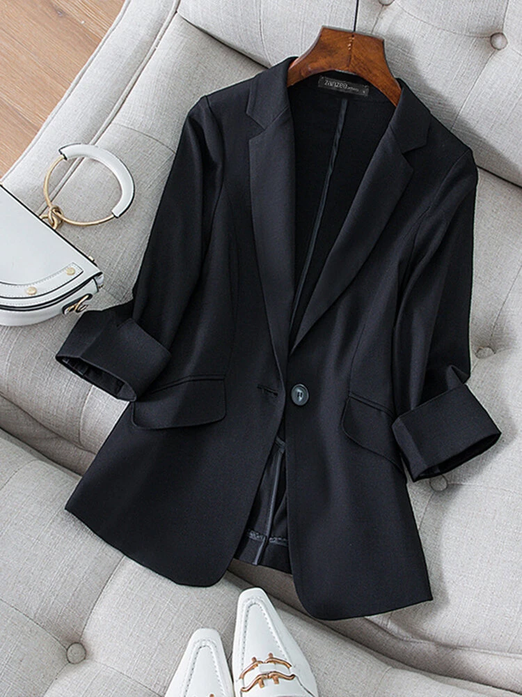 Solid Pocket 3/4 Sleeve Lapel Blazer For Women 5 Solid Pocket 3/4 Sleeve Lapel Blazer For Women - Image 5