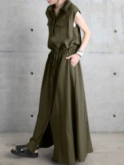 Solid Drawstring Waist Pocket Button Front Maxi Cargo Dress -Zanzea Shop c604f029 9c11 471b 9448 180a351fdcc3