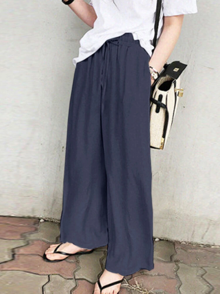 Solid Pocket Drawstring Elastic Waist Wide Leg Pants 7 Solid Pocket Drawstring Elastic Waist Wide Leg Pants - Image 7