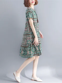 Vintage Print Short Sleeve Crew Neck Dress -Zanzea Shop c62bc6f4 edcf 4ec7 8856 cf075fc7d3fc