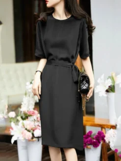 Solid Satin Keyhole Back Half Sleeve Casual Dress With Belt -Zanzea Shop c6388fb8 1097 45b2 92ee adf8eacad7fe
