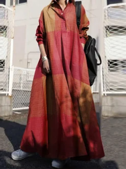 Plaid Print Lapel Long Sleeve Button Plus Size Maxi Dress With Pockets -Zanzea Shop c64f3238 bf0f 4c85 921e ac016d99bed0