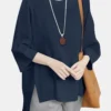 Leisure Solid Slit Hem Round Neck Casual Blouse