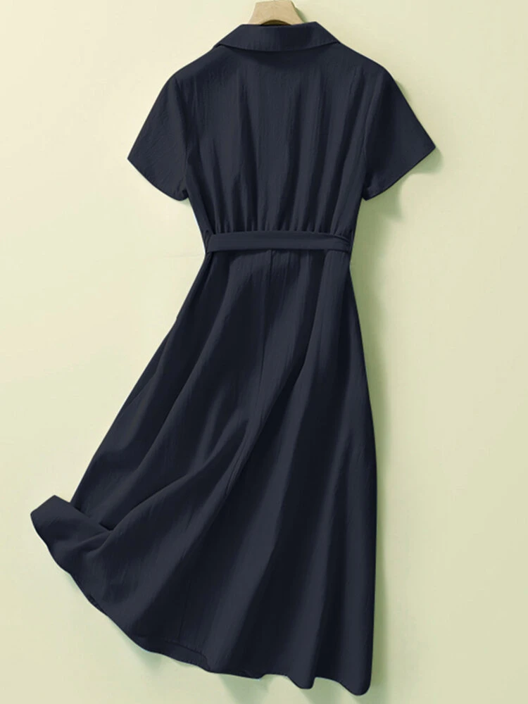 Solid Pocket Button Lapel Short Sleeve Shirt Dress With Belt 4 Solid Pocket Button Lapel Short Sleeve Shirt Dress With Belt - Image 4