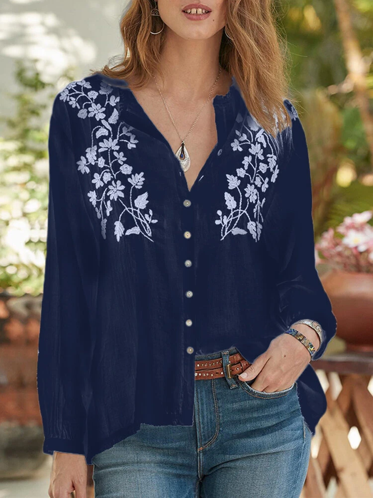 Floral Embroidery Button Long Sleeve Casual Blouse 2 Floral Embroidery Button Long Sleeve Casual Blouse - Image 2