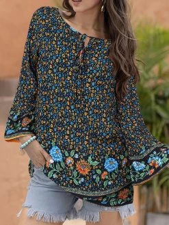 Flower Print Tie Front Bell Sleeve Bohemian Women Blouse -Zanzea Shop c6b052fe 0825 414f 8863 7c699db0b486