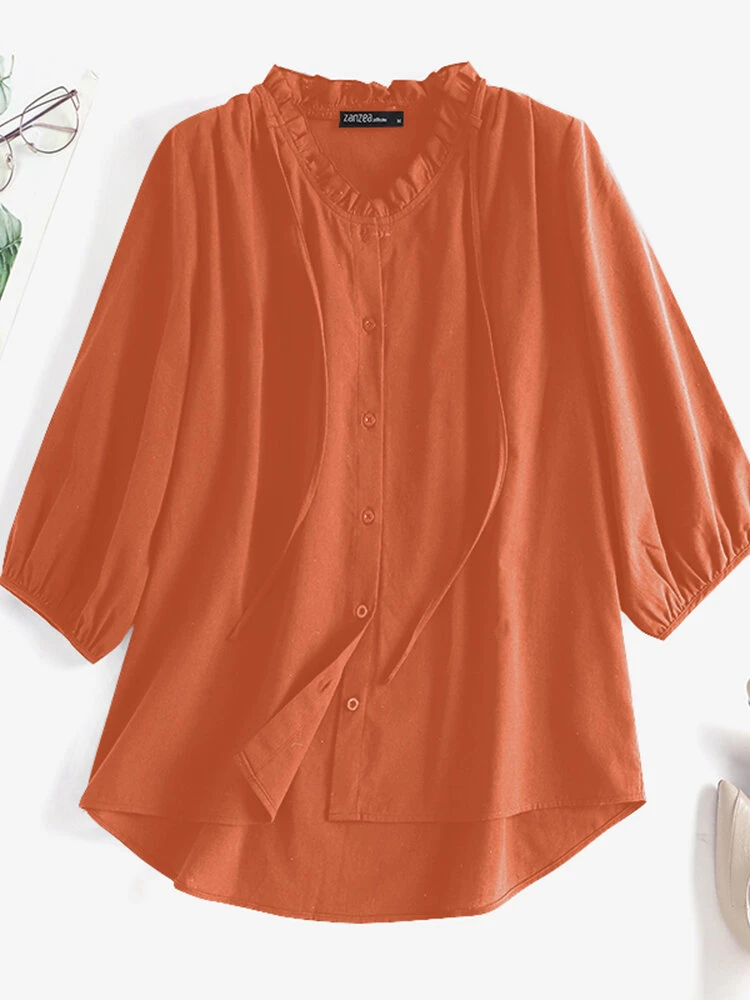 Solid Ruffle Trim V-neck Tie Lantern Sleeve Blouse 5 Solid Ruffle Trim V-neck Tie Lantern Sleeve Blouse - Image 5
