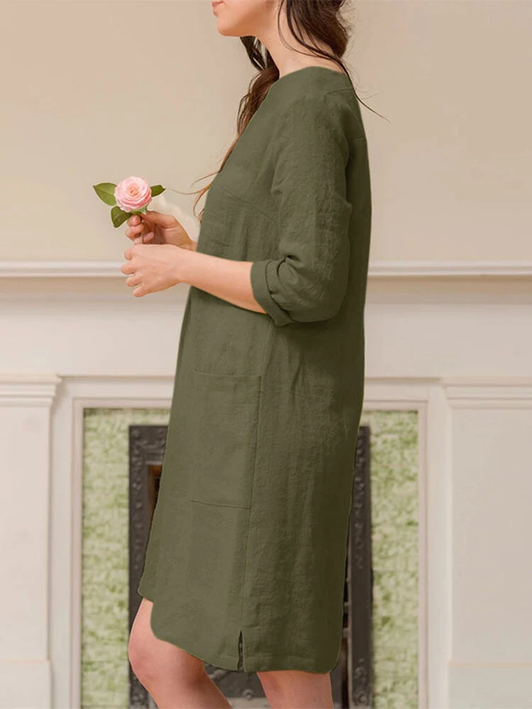 Solid Dual Pocket Slit Hem V-neck 3/4 Sleeve Vintage Dress 12 Solid Dual Pocket Slit Hem V-neck 3/4 Sleeve Vintage Dress - Image 12