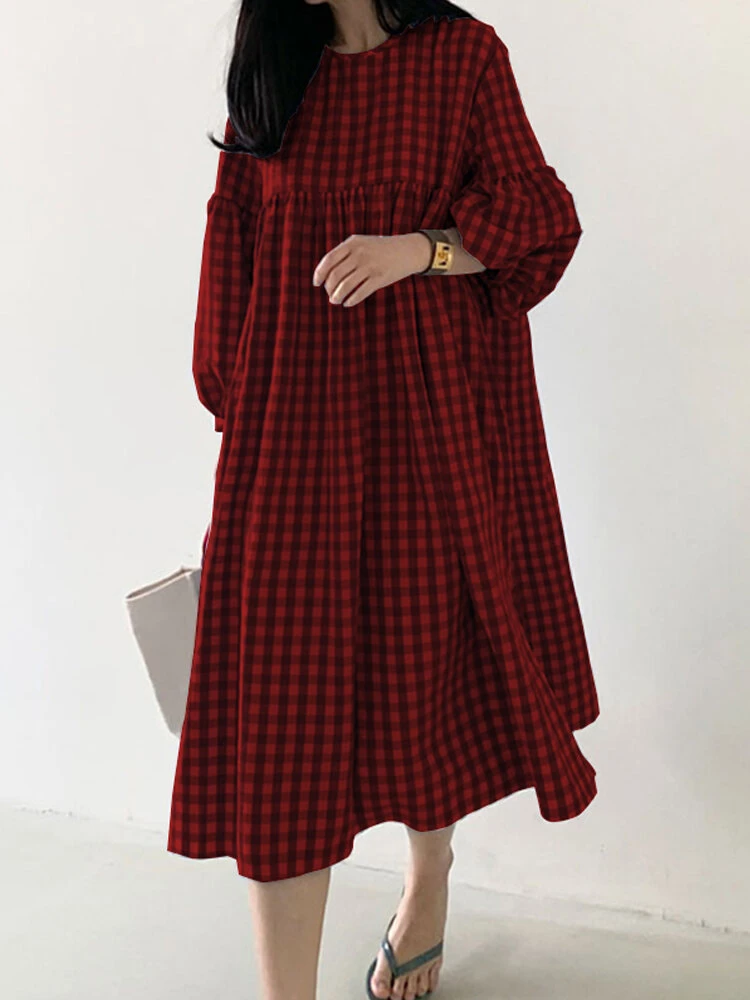 Plaid Print Pleated Puff Sleeve Casual Dress For Women 4 Plaid Print Pleated Puff Sleeve Casual Dress For Women - Image 4