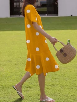 Dot Print Ruffle Hem Short Sleeve Crew Neck A-line Dress -Zanzea Shop c718d369 7a8e 489e 927f 0ecd2e9d6053