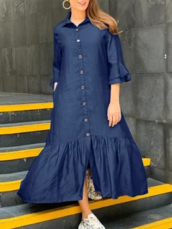 Ruffle Sleeve Pocket Lapel Button Front Casual Shirt Dress -Zanzea Shop c720d056 3479 4c2a bd9d bb9b12f198fa