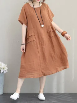 Crew Neck Short Sleeve Soild Color Casual Dress