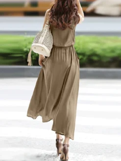Solid Pocket Sleeveless Drawstring Waist Lapel Dress -Zanzea Shop c7446b2a d7ae 4df0 aadc ebb1dc98dd68