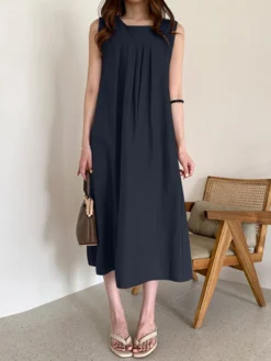 Solid O-neck Pleated Sleeveless Pocket Women Casual Dress -Zanzea Shop c766cb96 2746 4692 848e 004da621547b