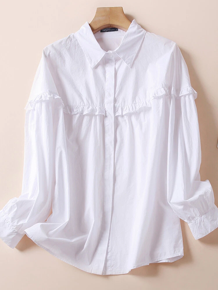 Solid Ruffle Trim Button Front Lapel Long Sleeve Shirt 1 Solid Ruffle Trim Button Front Lapel Long Sleeve Shirt