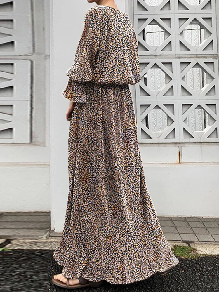 Floral Print Long Bell Sleeve Crew Neck Slit Maxi Dress 8 Floral Print Long Bell Sleeve Crew Neck Slit Maxi Dress - Image 8