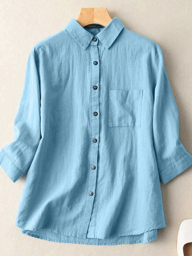 Solid 3/4 Sleeve Pocket Button Front Lapel Shirt 3 Solid 3/4 Sleeve Pocket Button Front Lapel Shirt - Image 3