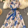 Flower Print Lapel Button Front Short Sleeve Dress With Belt