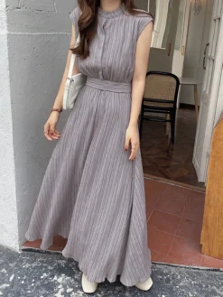 Textured Stand Collar Sleeveless Maxi Dress With Belt -Zanzea Shop c8451507 7379 4b9a af8c 98887065ebca