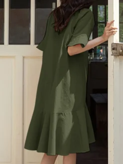 Women Solid Ruffle Sleeve V-neck Button Mermaid Dress -Zanzea Shop c850ba95 e20f 4bf7 ad57 9677120903dc
