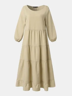 Solid Crew Neck A-line 3/4 Sleeve Casual Dress