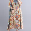 Painted Geometry Print Loose 3/4 Length Sleeve O-neck Vintage Dress