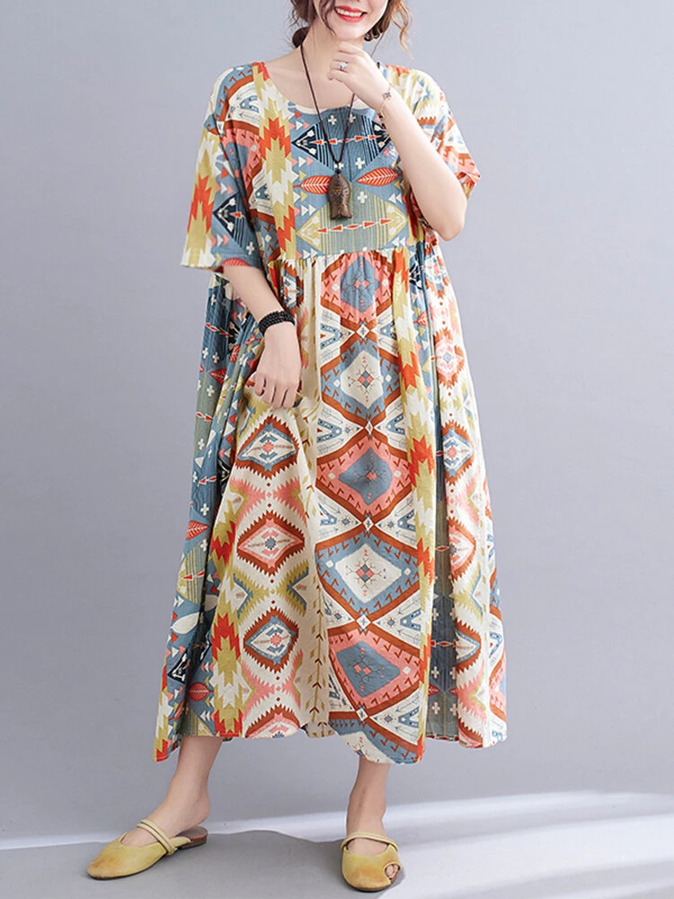 Painted Geometry Print Loose 3/4 Length Sleeve O-neck Vintage Dress 1 Painted Geometry Print Loose 3/4 Length Sleeve O-neck Vintage Dress